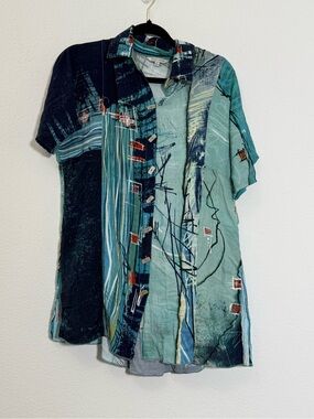 John Mark Abstract Art Button Front Tunic Top Small Boho Coastal Artist